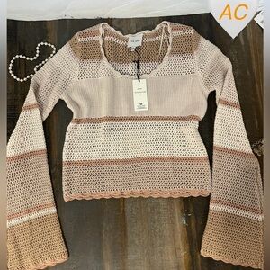 Crochet look bell sleeve stripe sweater